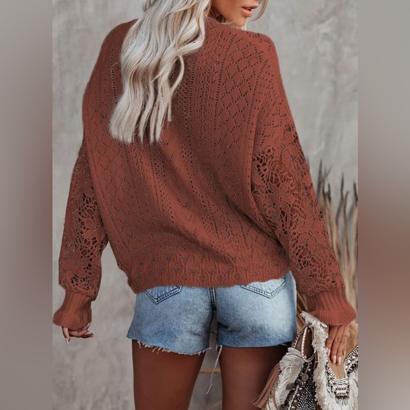 NEW Women Lace Crochet Casual Sweaters Long Sleeve Crewneck Pullover Knit Top - Picture 4 of 8